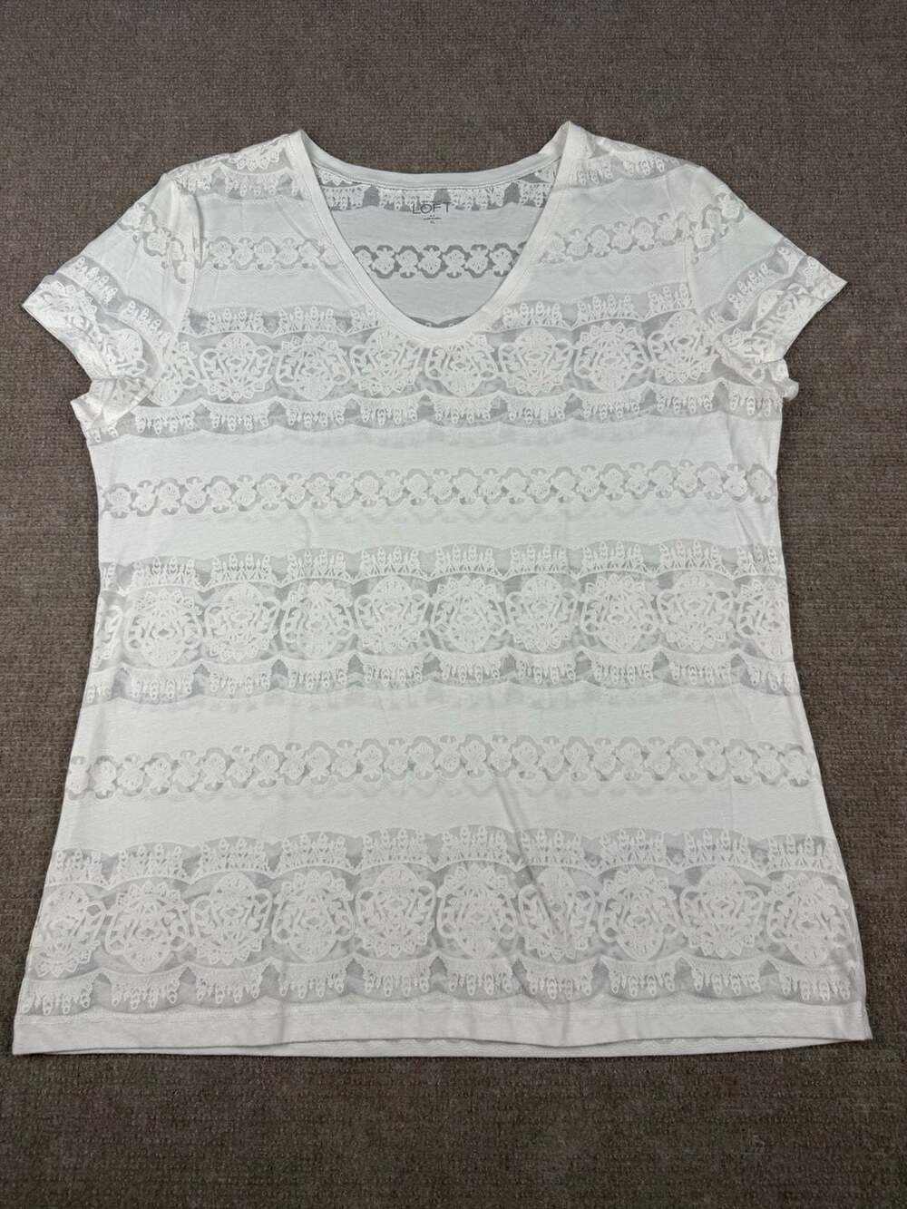 LOFT Women's White V-Neck Short Sleeve Lace Overlay Coastal Casual T-Shirt Size